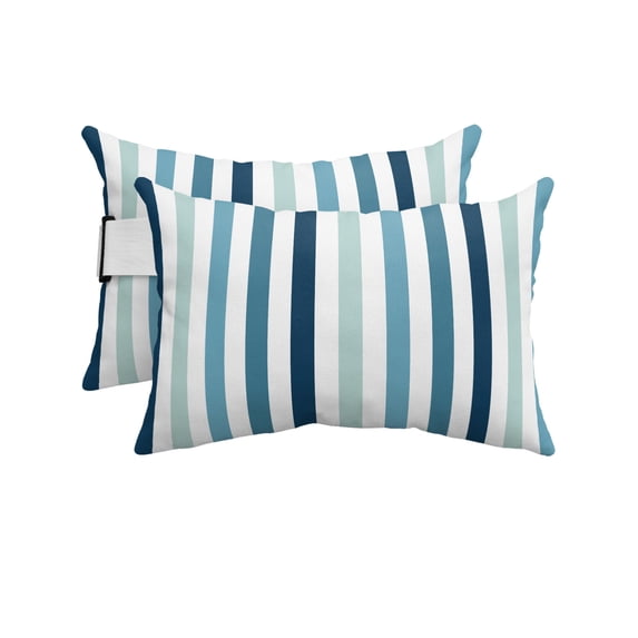 Pack of 2 Outdoor Lumbar Pillow Covers 11x16 Inch, Teal Blue Stripe Waterproof Throw Pillow Covers Set, Ombre Geometric Aqua Vertical Striped Decorative Cushion Cases for Patio Porch Car