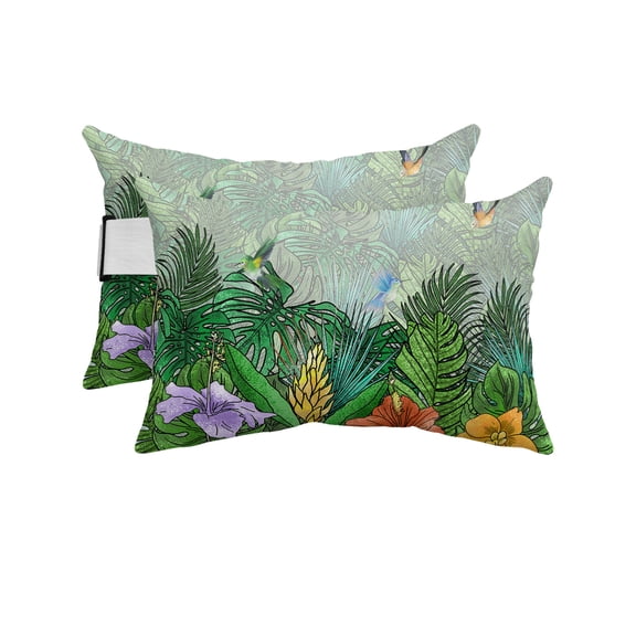Pack of 2 Outdoor Lumbar Pillow Covers 11x16 Inch, Tropical Plant Colorful Floral Waterproof Throw Pillow Covers Set, Fern Print Summer Birds Decorative Cushion Cases for Patio Porch Car