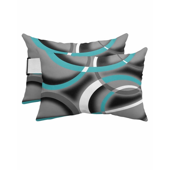 Pack of 2 Outdoor Lumbar Pillow Covers 11x16 Inch, Turquoise Geometric Waterproof Throw Pillow Covers Set, Grey Classic Abstract Lines Striped Decorative Cushion Cases for Patio Porch Car
