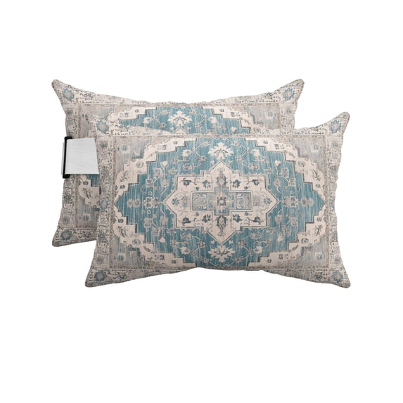 Pack of 2 Outdoor Lumbar Pillow Covers 12x20 Inch, Boho Blue Waterproof Throw Pillow Covers Set, Southwestern Boho Geometric Abstract Art Indoor&Outdoor Decorative Cushion Cases for Patio Porch Car