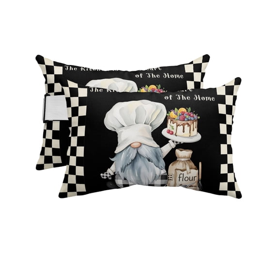 Pack of 2 Outdoor Lumbar Pillow Covers 12x20 Inch, Chef Gnomes Waterproof Throw Pillow Covers Set, Rustic Black White Paid Dessert Cake Cook Decorative Cushion Cases for Patio Porch Car