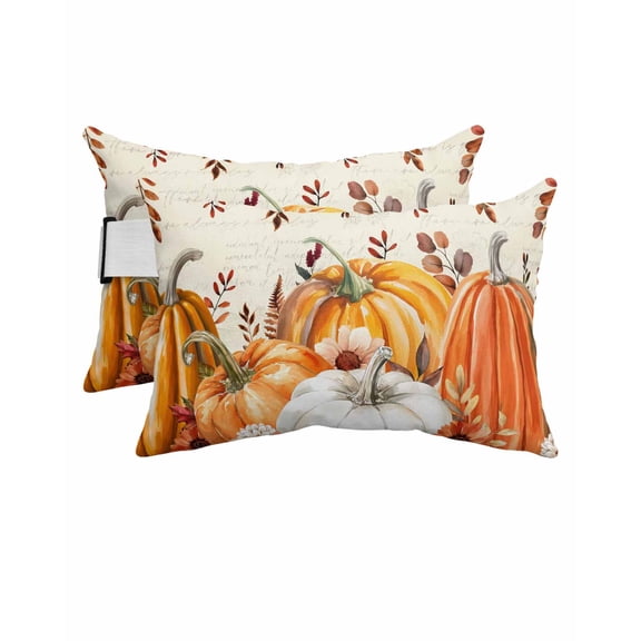 Pack of 2 Outdoor Lumbar Pillow Covers 12x20 Inch, Fall Orange Pumpkins Waterproof Throw Pillow Covers Set, Thanksgiving Floral Maple Leaf Indoor&Outdoor Decorative Cushion Cases for Patio Porch Car