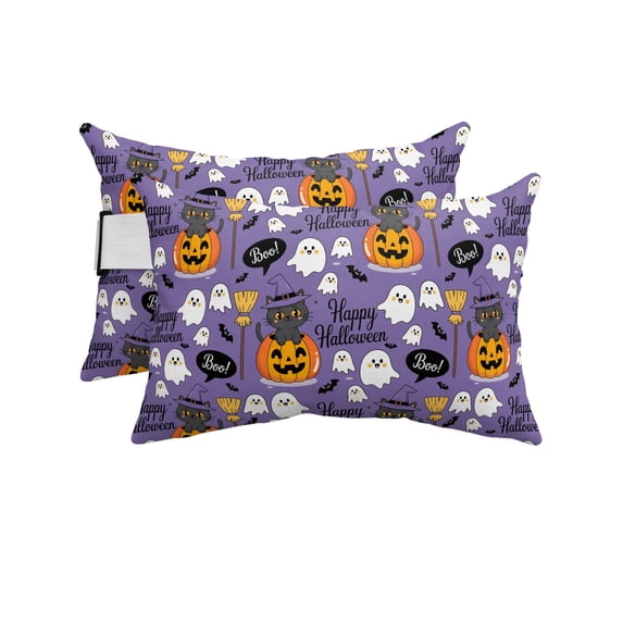 Pack of 2 Outdoor Lumbar Pillow Covers 12x20 Inch, Halloween Waterproof Throw Pillow Covers Set, Orange Pumpkin Funny Ghost Black Cat Purple Decorative Cushion Cases for Patio Porch Car