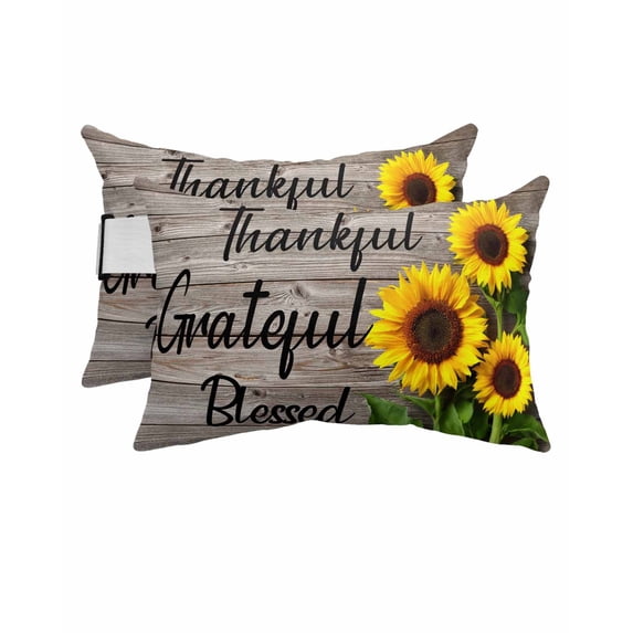 Pack of 2 Outdoor Lumbar Pillow Covers 12x20 Inch, Sunflower Wooden Waterproof Throw Pillow Covers Set, Farmhouse Vintage Botanical Floral Indoor&Outdoor Decorative Cushion Cases for Patio Porch Car