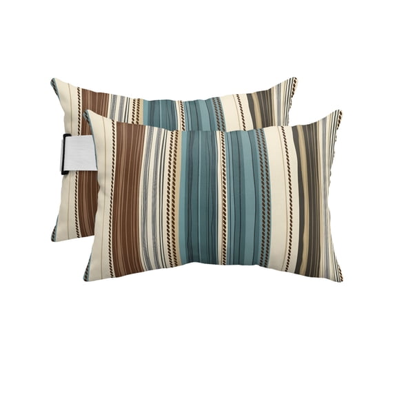 Pack of 2 Outdoor Lumbar Pillow Covers 12x20 Inch, Turquoise Beige Striped Waterproof Throw Pillow Covers Set, Modern Farmhouse Vertical Stripes Decorative Cushion Cases for Patio Porch Car
