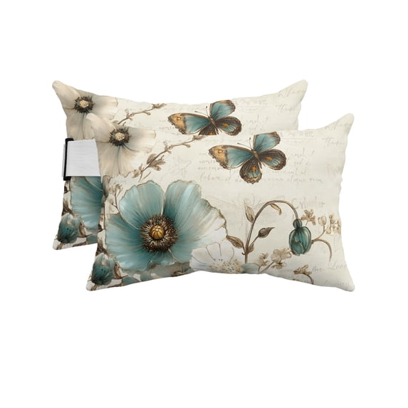 Pack of 2 Outdoor Lumbar Pillow Covers 12x20 Inch, Turquoise Tulip Waterproof Throw Pillow Covers Set, Spring Vintage Botanical Butterfly Floral Decorative Cushion Cases for Patio Porch Car