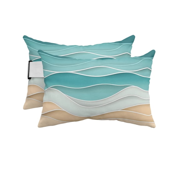 Pack of 2 Outdoor Lumbar Pillow Covers 12x20 Inch, Turquoise Waterproof Throw Pillow Covers Set, Ocean Wave Stripes Modern Abstract Beach Indoor&Outdoor Decorative Cushion Cases for Patio Porch Car