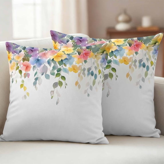 Pack of 2 Outdoor Pillow Covers 16x16 Inch Waterproof Pink Spring Flower Throw Pillow Covers,Decorative Couch Pillow Shams Protectors Pastoral Floral Leaves Country Rustic Patio Cushion Pillowcases