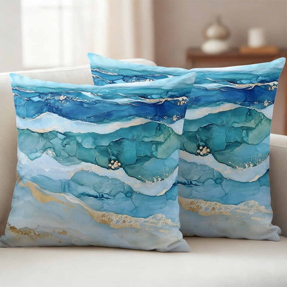Pack of 2 Outdoor Pillow Covers 16x16 Inch Waterproof Teal Blue Ombre Throw Pillow Covers,Decorative Couch Pillow Case Sham Modern Coastal Ink Painted Abstract Patio Garden Pillowcases Cushion Covers
