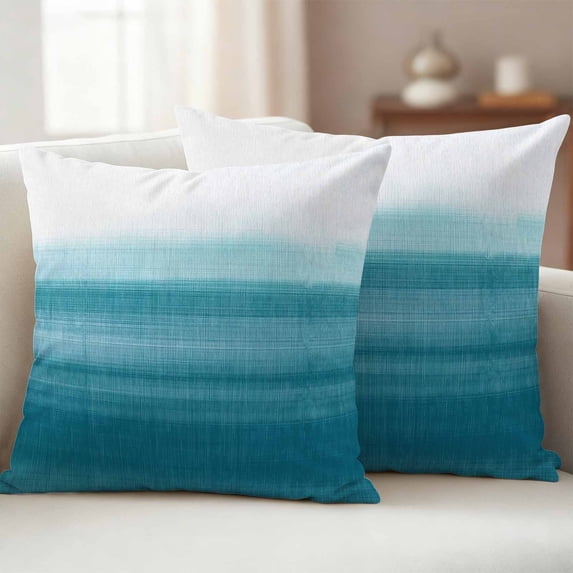 Pack of 2 Outdoor Pillow Covers 16x16 Inch Waterproof Turquoise White Ombre Throw Pillow Covers,Decorative Couch Pillow Shams Protectors Modern Country Abstract Stripes Patio Cushion Pillowcases