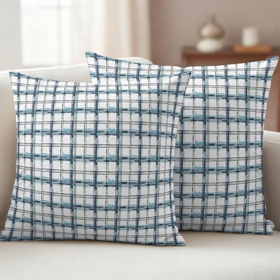 Pack of 2 Outdoor Pillow Covers 18x18 Inch Waterproof Blue Plaid Throw Pillow Covers,Decorative Couch Pillow Shams Protectors Watercolor Checkered Blue Ombre Patio Garden Pillowcases Cushion Covers