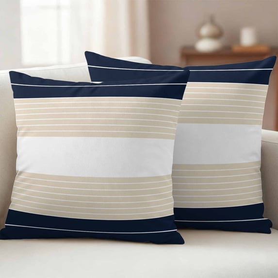 Pack of 2 Outdoor Pillow Covers 18x18 Inch Waterproof Navy Beige Striped Throw Pillow Covers,Decorative Couch Pillow Case Sham Gradient Geometric Blue White Patio Garden Pillowcases Cushion Covers