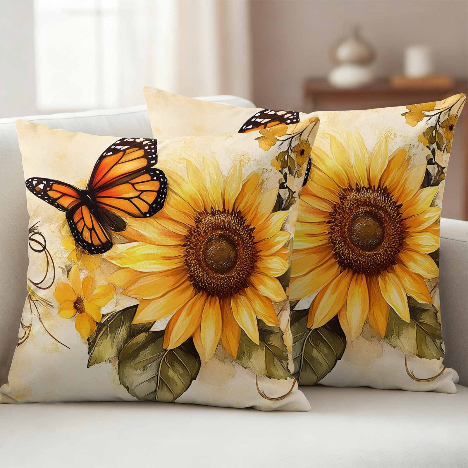 Pack of 2 Outdoor Pillow Covers 18x18 Inch Waterproof Sunflower Throw Pillow Covers, Decorative Couch Pillow Case Sham Butterfly Spring Floral Retro Pillowcases Cushion Covers for Patio Garden
