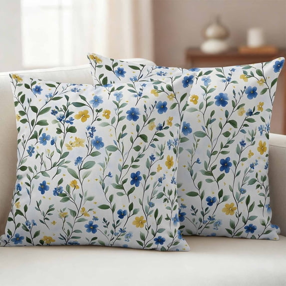 Pack of 2 Outdoor Pillow Covers 20x20 Inch Waterproof Blue Yellow Spring Floral Throw Pillow Covers,Decorative Couch Pillow Shams Protectors Elegant Summer Botanical Green Patio Cushion Pillowcases
