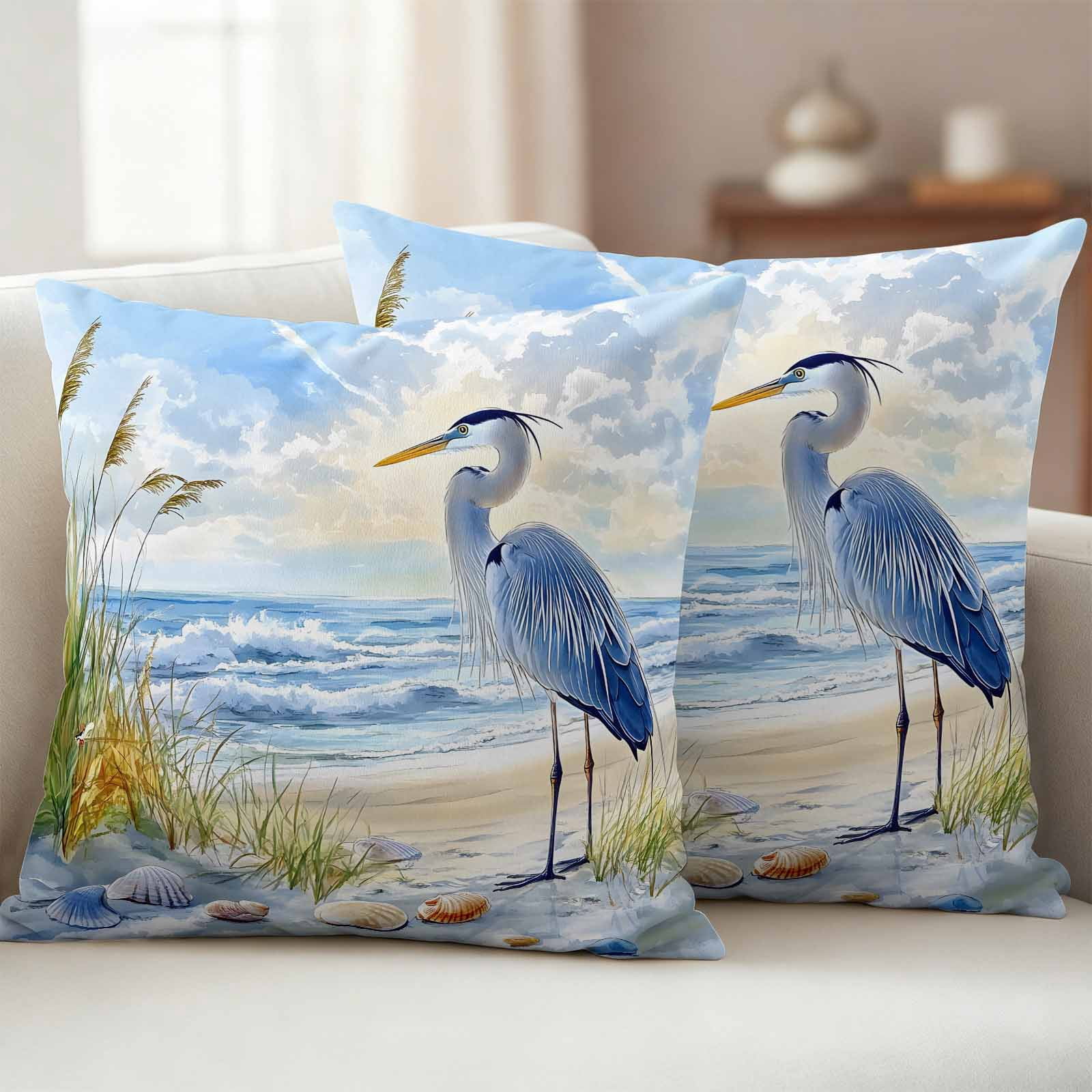 Pack of 2 Outdoor Pillow Covers 20x20 Inch Waterproof Coastal Birds Throw Pillow Covers,Decorative Couch Pillow Shams Protectors Blue Sky Heron Seabird Tropical Beach Patio Pillowcases Cushion Covers