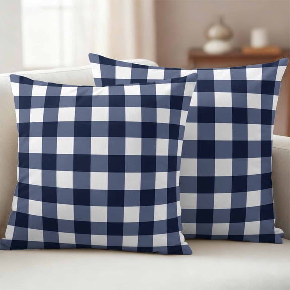 Pack of 2 Outdoor Pillow Covers 20x20 Inch Waterproof Navy Blue Check Throw Pillow Covers,Decorative Couch Pillow Case Sham Farmhouse Buffalo Plaid Blue Pillowcases Cushion Covers for Patio Garden