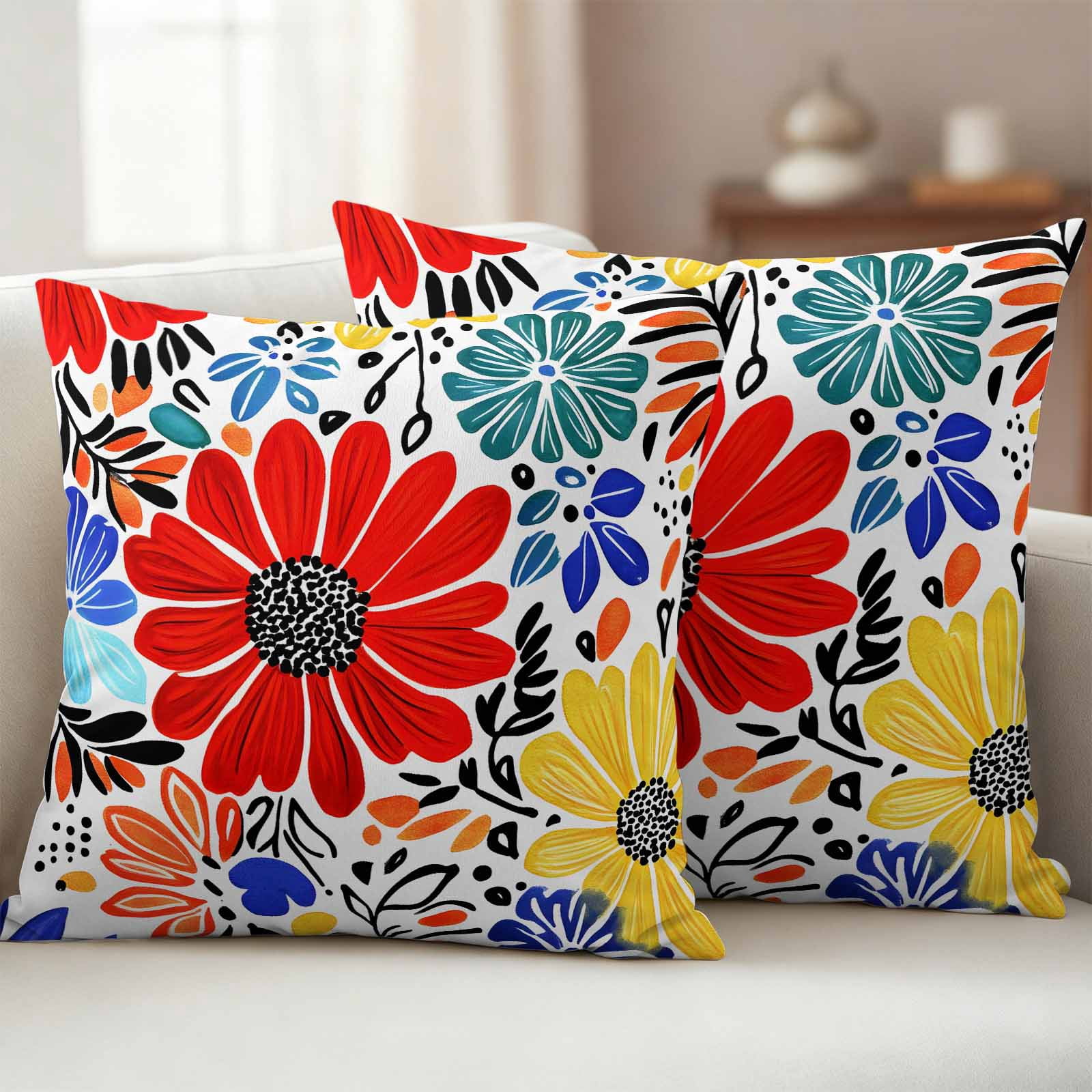 Pack of 2 Outdoor Pillow Covers 20x20 Inch Waterproof Spring Floral Throw Pillow Covers,Decorative Couch Pillow Case Sham Watercolor Botanical Flowers Summer Patio Garden Pillowcases Cushion Covers