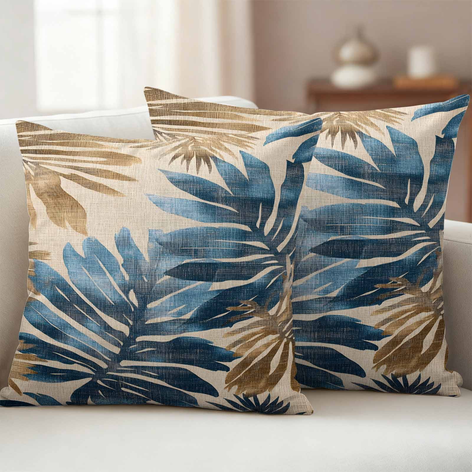 Pack of 2 Outdoor Pillow Covers 24x24 Inch Waterproof Blue Brown Palm Leaf Throw Pillow Covers,Decorative Couch Pillow Shams Protectors Retro Summer Botanical Patio Garden Pillowcases Cushion Covers