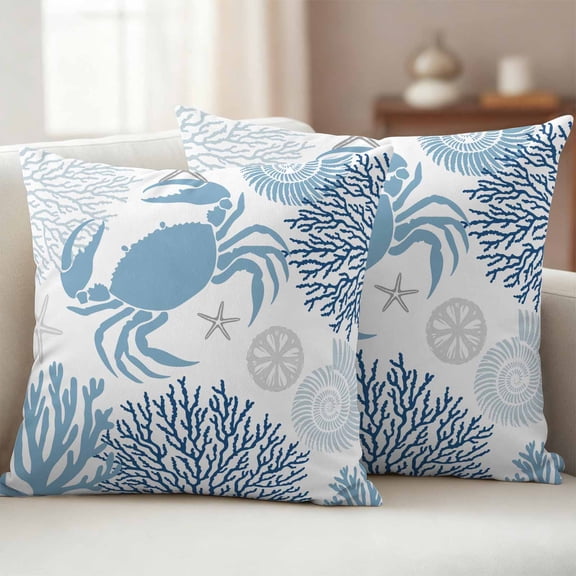 Pack of 2 Outdoor Pillow Covers 24x24 Inch Waterproof Coastal Blue Crab Throw Pillow Covers,Decorative Couch Pillow Case Sham Coral Starfish Ocean Conch Nautical Patio Pillowcases Cushion Cover