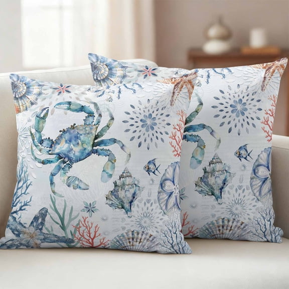 Pack of 2 Outdoor Pillow Covers 24x24 Inch Waterproof Ocean Crab Throw Pillow Covers,Decorative Couch Pillow Case Sham Summer Coastal Coral Flower Shells Pillowcases Cushion Covers for Patio Garden