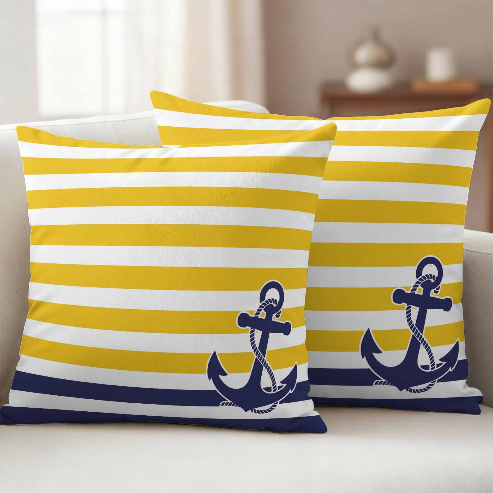Pack of 2 Outdoor Pillow Covers 26x26 Inch Waterproof Yellow Striped Throw Pillow Covers,Decorative Couch Pillow Case Sham Navy Blue Nautical Anchor Geometric Patio Garden Pillowcases Cushion Covers