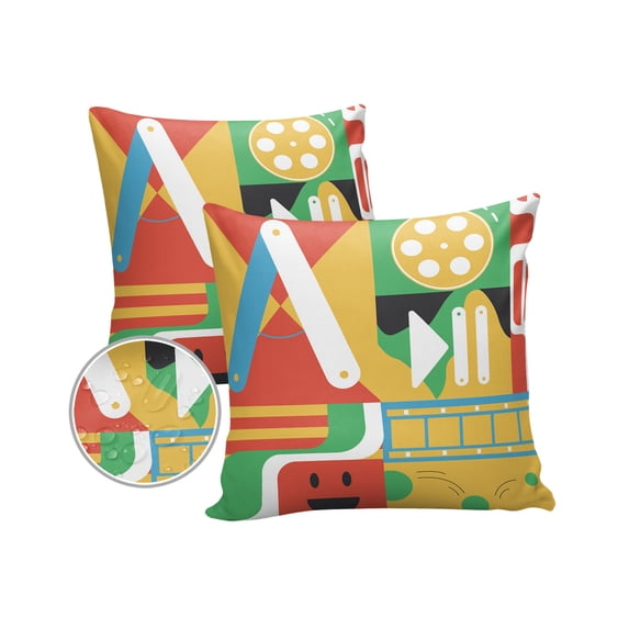 Pack of 2 Outdoor Pillow Covers, Abstract Cartoon Kids Yellow Orange Color Block Waterproof Square Throw Pillowcase Cushion Decorative Pillow Covers for Couch Patio Tent, 24x24 in