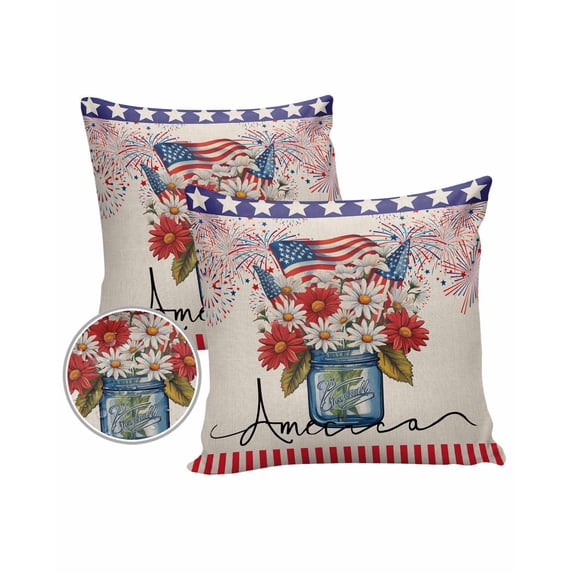 Pack of 2 Outdoor Pillow Covers, American Flag Daisy Vintage Linen Waterproof Square Throw Pillowcase Cushion Decorative Pillow Covers for Couch Patio Tent, 26x26 in