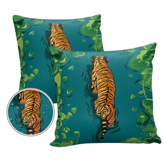Pack of 2 Outdoor Pillow Covers, Animal Tiger Lotus Leaves Painting Waterproof Square Throw Pillowcase Cushion Decorative Pillow Covers for Couch Patio Tent, 18x18 in