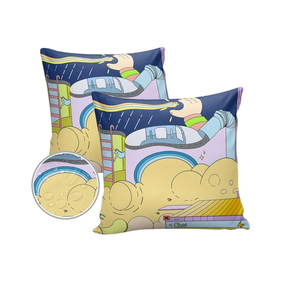 Pack of 2 Outdoor Pillow Covers, Art Hand Drawn Abstract Fantasy Children Cartoon Theme Waterproof Square Throw Pillowcase Cushion Decorative Pillow Covers for Couch Patio Tent, 18x18 in