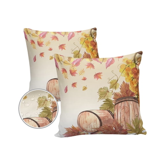 Pack of 2 Outdoor Pillow Covers, Autumn Leaf Vintage Wooden Barrel Harvest Theme Waterproof Square Throw Pillowcase Cushion Decorative Pillow Covers for Couch Patio Tent, 16x16 in
