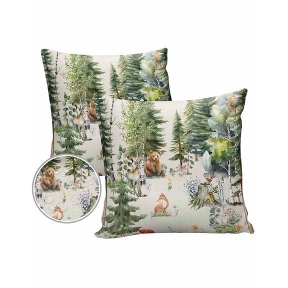 Pack of 2 Outdoor Pillow Covers, Bear Deer Fox Rabbit Mushroom Tree Watercolor Forest Linen Waterproof Square Throw Pillowcase Cushion Decorative Pillow Covers for Couch Patio Tent, 16x16 in