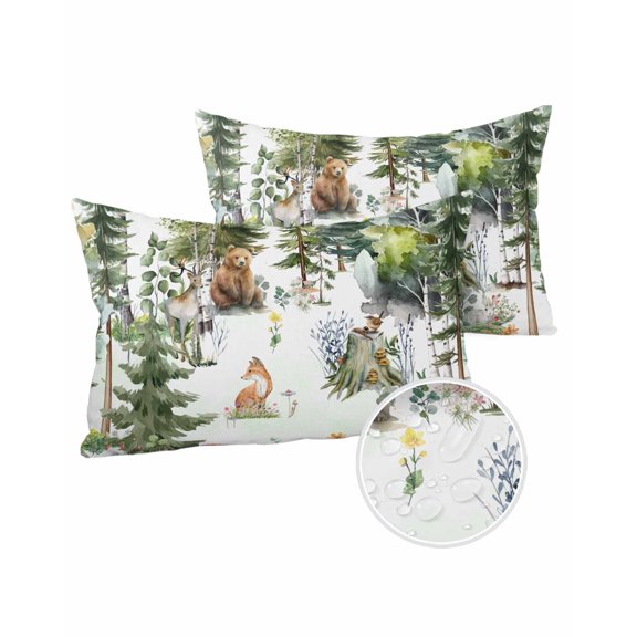 Pack of 2 Outdoor Pillow Covers, Bear Deer Fox Rabbit Mushroom Tree Watercolor Forest Waterproof Square Throw Pillowcase Cushion Decorative Pillow Covers for Couch Patio Tent, 20x12 in