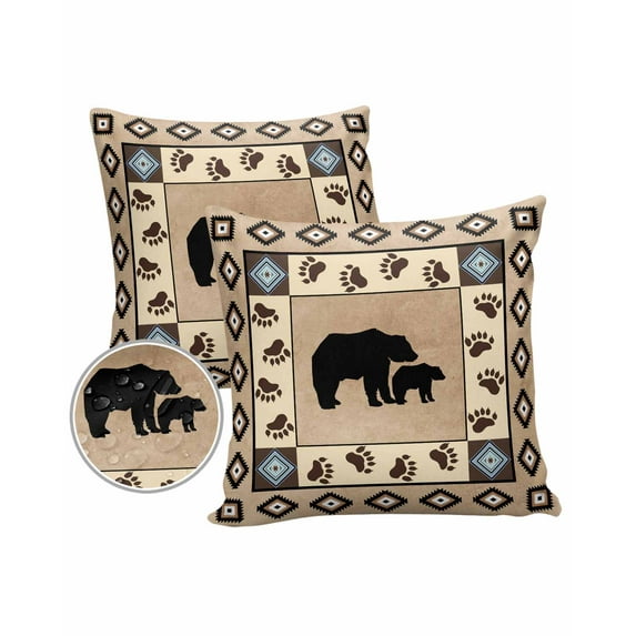 Pack of 2 Outdoor Pillow Covers, Bear Paw Vintage Boho Vintage Pattern Waterproof Square Throw Pillowcase Cushion Decorative Pillow Covers for Couch Patio Tent, 20x20 in