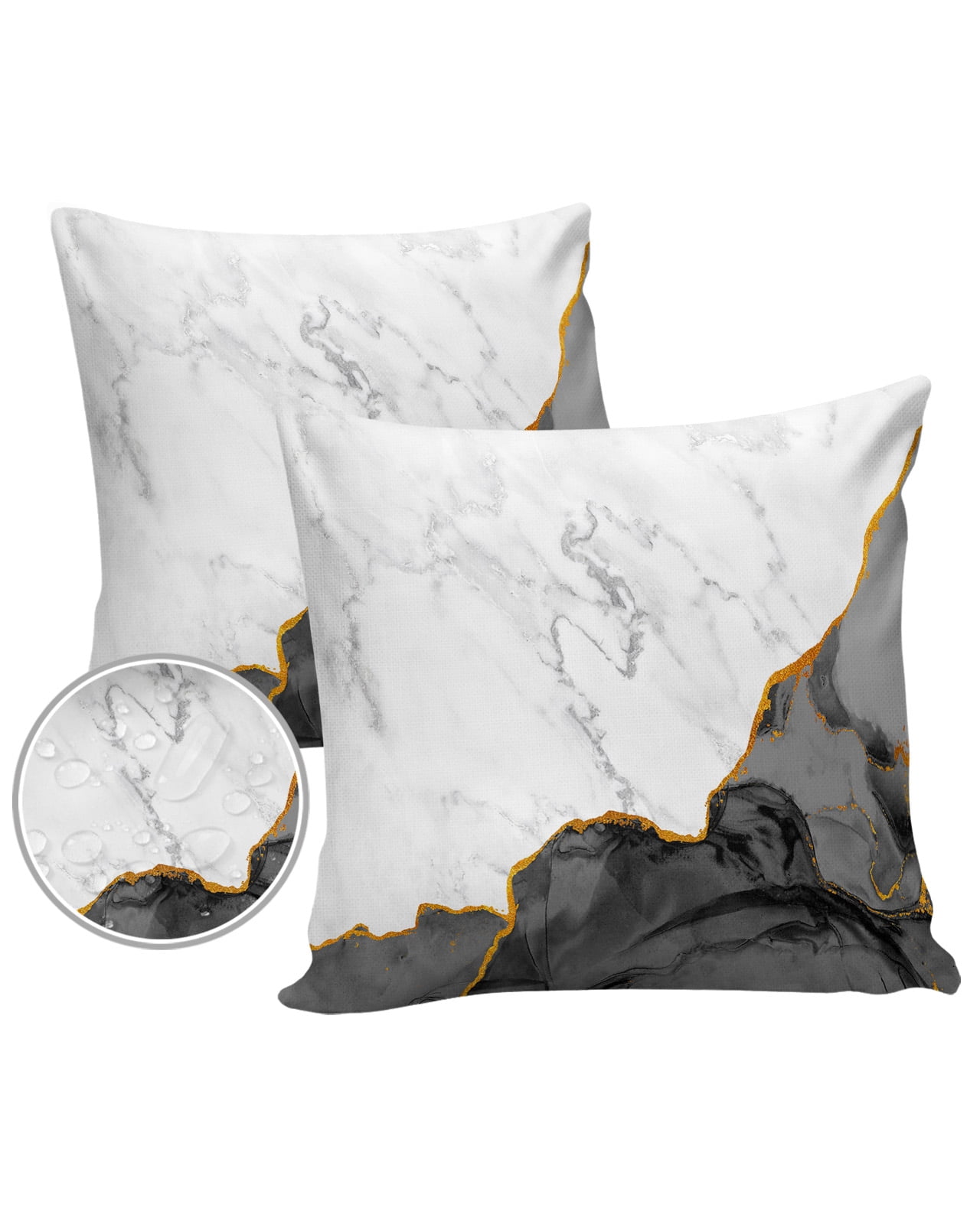 Pack of 2 Outdoor Pillow Covers, Black Grey White Marble Golden Lines Marble Abstract Art Modern Waterproof Square Throw Pillowcase Cushion Decorative Pillow Covers for Couch Patio Tent, 16x16 in