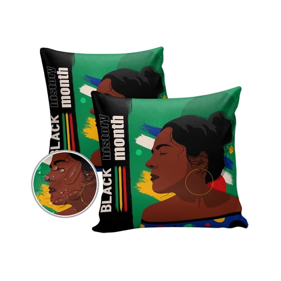 Pack of 2 Outdoor Pillow Covers, Black History Month Black African America Woman Waterproof Square Throw Pillowcase Cushion Decorative Pillow Covers for Couch Patio Tent, 26x26 in