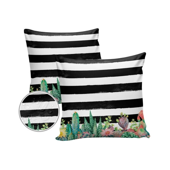 Pack of 2 Outdoor Pillow Covers, Black and White Stripe Cactus Print Waterproof Square Throw Pillowcase Cushion Decorative Pillow Covers for Couch Patio Tent, 26x26 in