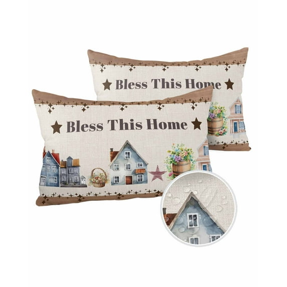 Pack of 2 Outdoor Pillow Covers, Bless This Home House Stars Flower Basket Retro Linen Waterproof Square Throw Pillowcase Cushion Decorative Pillow Covers for Couch Patio Tent, 20x12 in