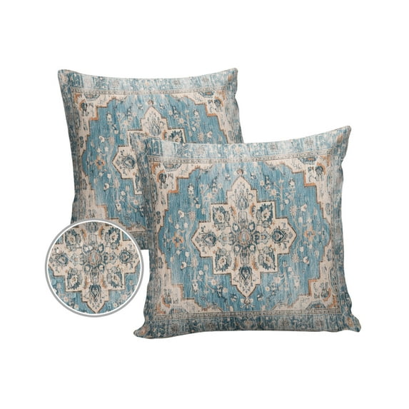 Pack of 2 Outdoor Pillow Covers, Blue Boho Oriental Medallion Retro Distressed Bohemian Waterproof Square Throw Pillowcase Cushion Decorative Pillow Covers for Couch Patio Tent, 26x26 in