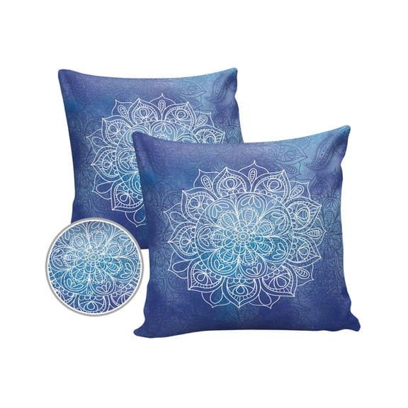 Pack of 2 Outdoor Pillow Covers, Blue Mandala Watercolor Background Waterproof Square Throw Pillowcase Cushion Decorative Pillow Covers for Couch Patio Tent, 20x20 in