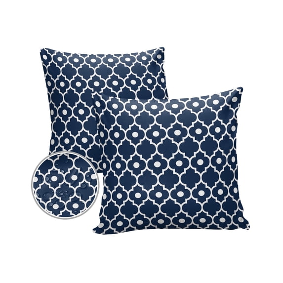 Pack of 2 Outdoor Pillow Covers, Blue Moroccan Tile Pattern Waterproof Square Throw Pillowcase Cushion Decorative Pillow Covers for Couch Patio Tent, 16x16 in