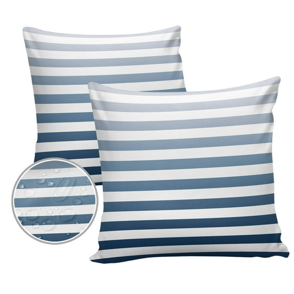 Pack of 2 Outdoor Pillow Covers, Blue Stripe Gradient Waterproof Square Throw Pillowcase Cushion Decorative Pillow Covers for Couch Patio Tent, 18x18 in