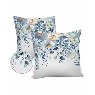 Pack of 2 Outdoor Pillow Covers, Blue Watercolor Eucalyptus Leaves Flower Pattern Waterproof Square Throw Pillowcase Cushion Decorative Pillow Covers for Couch Patio Tent, 24x24 in
