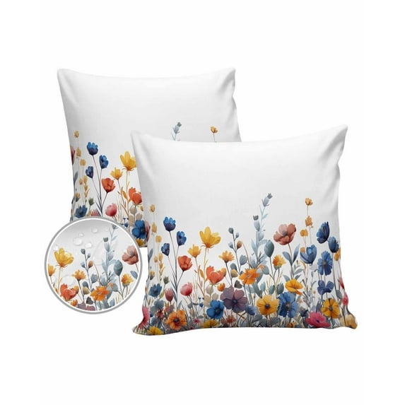 Pack of 2 Outdoor Pillow Covers, Blue and Yellow Poppy Watercolor Floral Plants Waterproof Square Throw Pillowcase Cushion Decorative Pillow Covers for Couch Patio Tent, 26x26 in