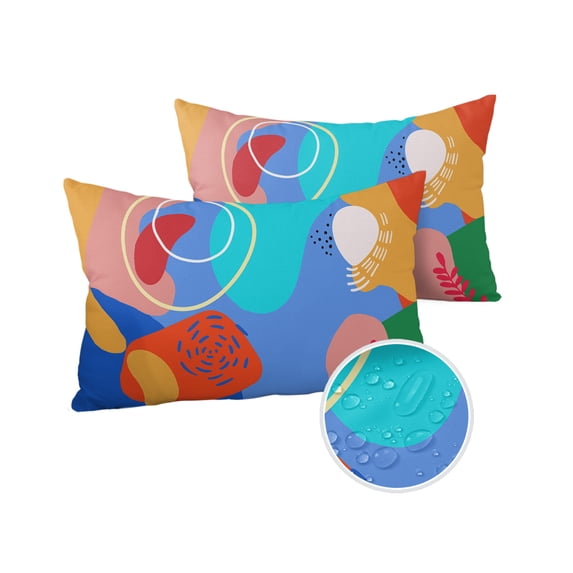 Pack of 2 Outdoor Pillow Covers, Boho Abstract Geometric Teal Blue Orange Waterproof Square Throw Pillowcase Cushion Decorative Pillow Covers for Couch Patio Tent, 20x12 in