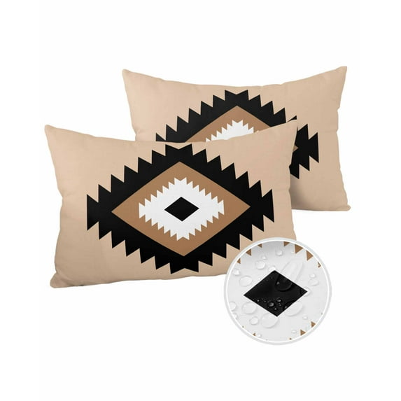 Pack of 2 Outdoor Pillow Covers, Boho Black Brown and White Geometric Moroccan Farmhouse Khaki Waterproof Square Throw Pillowcase Cushion Decorative Pillow Covers for Couch Patio Tent, 20x12 in
