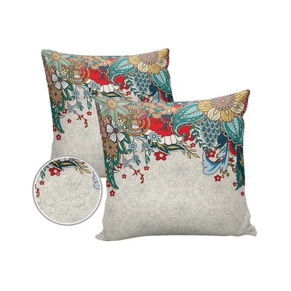 Pack of 2 Outdoor Pillow Covers, Boho Flower Plant Bohemian Abstract Floral Beige Linen Waterproof Square Throw Pillowcase Cushion Decorative Pillow Covers for Couch Patio Tent, 18x18 in