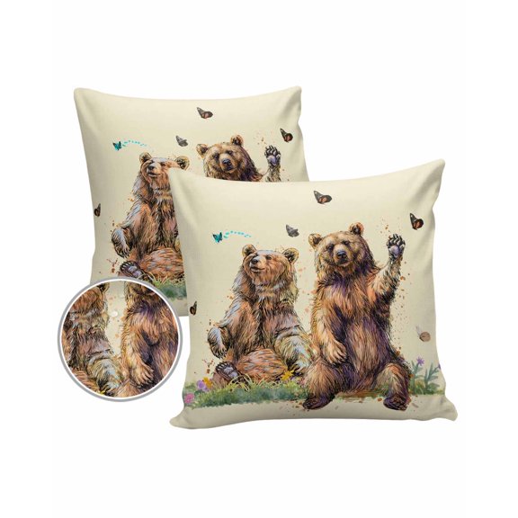 Pack of 2 Outdoor Pillow Covers, Brown Bears Play with Butterfly on Grass Waterproof Square Throw Pillowcase Cushion Decorative Pillow Covers for Couch Patio Tent, 26x26 in