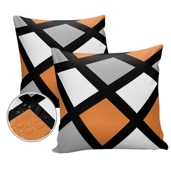 Pack of 2 Outdoor Pillow Covers, Brown Gray White Geometric Square Pattern Waterproof Square Throw Pillowcase Cushion Decorative Pillow Covers for Couch Patio Tent, 18x18 in