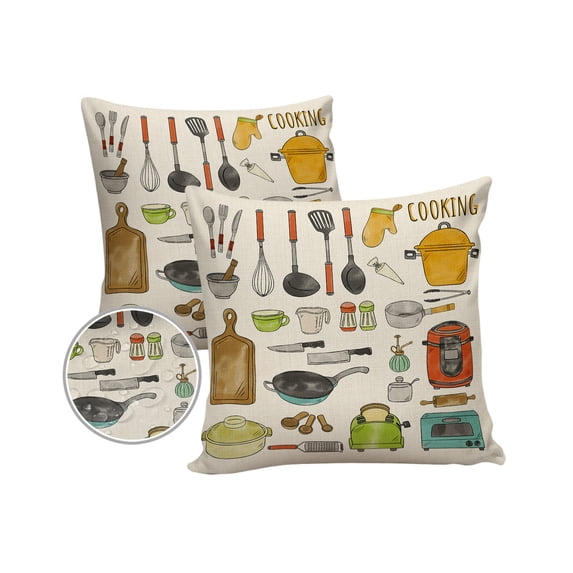 Pack of 2 Outdoor Pillow Covers, Cartoon Kitchen Utensils Pots and Pans Waterproof Square Throw Pillowcase Cushion Decorative Pillow Covers for Couch Patio Tent, 20x20 in
