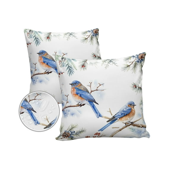 Pack of 2 Outdoor Pillow Covers, Christmas Blue Robins on Pine Tree Winter Berry Waterproof Square Throw Pillowcase Cushion Decorative Pillow Covers for Couch Patio Tent, 18x18 in